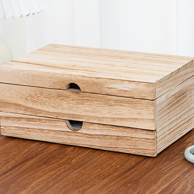 Retro Beige Wooden Jewelry Box Two-Layer Jewelry Storage Box With Mirror - Image 14