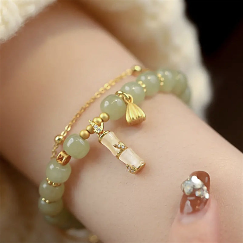 Natural Hetian Jade Prosperity Lotus Bamboo Charm Bracelet - Image 4