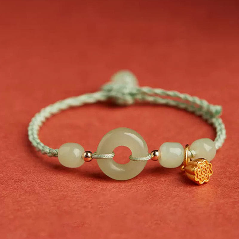 Round Peace Buckle Jade Lotus Happiness Abundance Wealth String Bracelet - Image 11