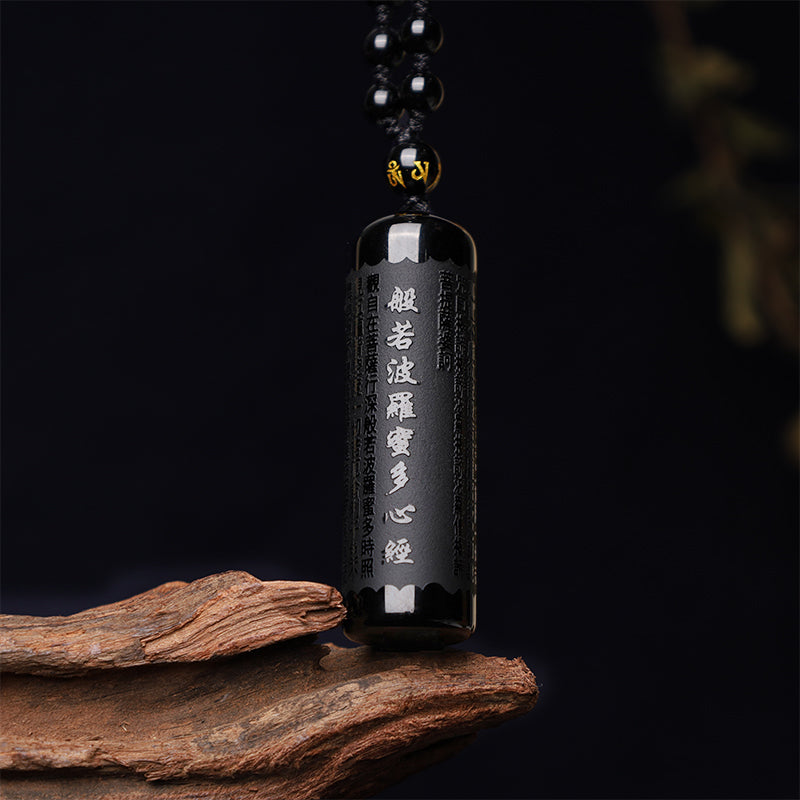 Natural Black Obsidian Heart Sutra Purification Necklace Pendant