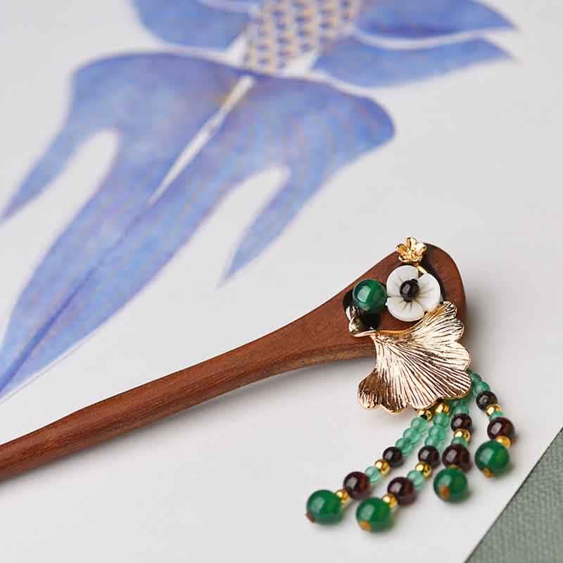 Red Sandalwood Green Agate Ginkgo Leaf Protection Hairpin - Image 7