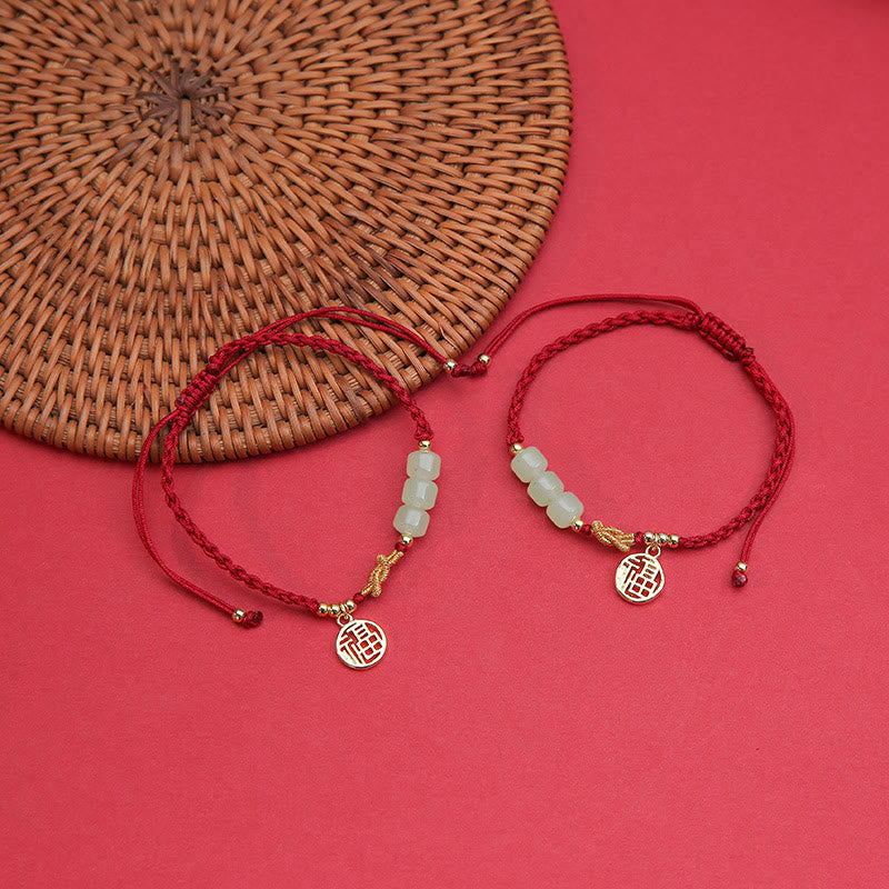 Handcrafted Jade Bead Fu Character Charm Luck Red Rope Bracelet - Image 3