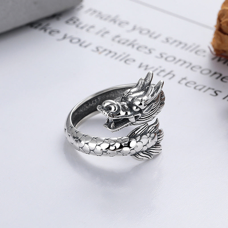 925 Sterling Silver Year Of The Dragon Luck Strength Adjustable Metal Ring