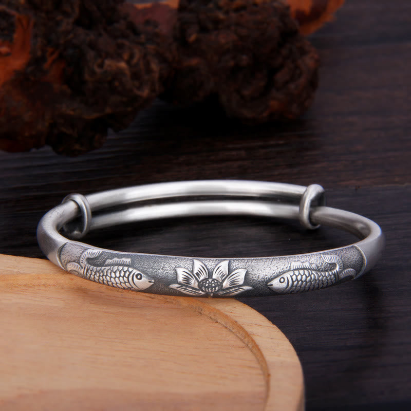 999 Sterling Silver Koi Fish Lotus Wealth Luck Bracelet Bangle