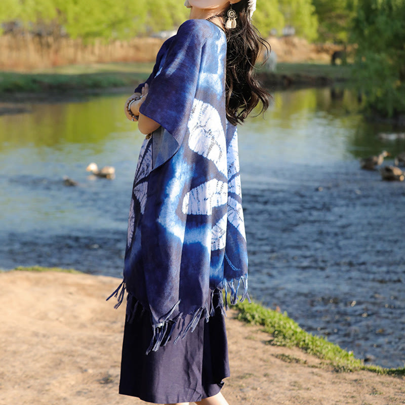 Blue Batik Shawl Tassels Maple Leaf Cozy Travel Pullover 95*90cm - Image 5