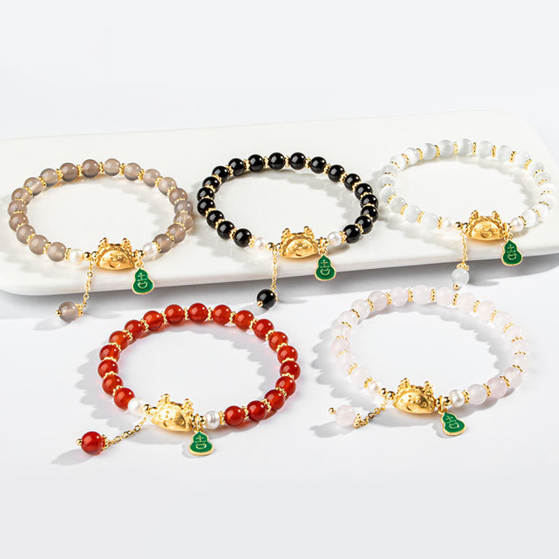 Year Of The Dragon Natural Red Agate Pink Crystal Black Onyx Dumpling Luck Fu Character Bracelet - Image 16