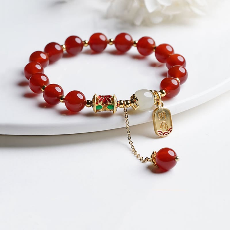 Natural Red Agate Hetian Jade Fu Character Confidence Charm Bracelet (Extra 30% Off | USE CODE: FS30)