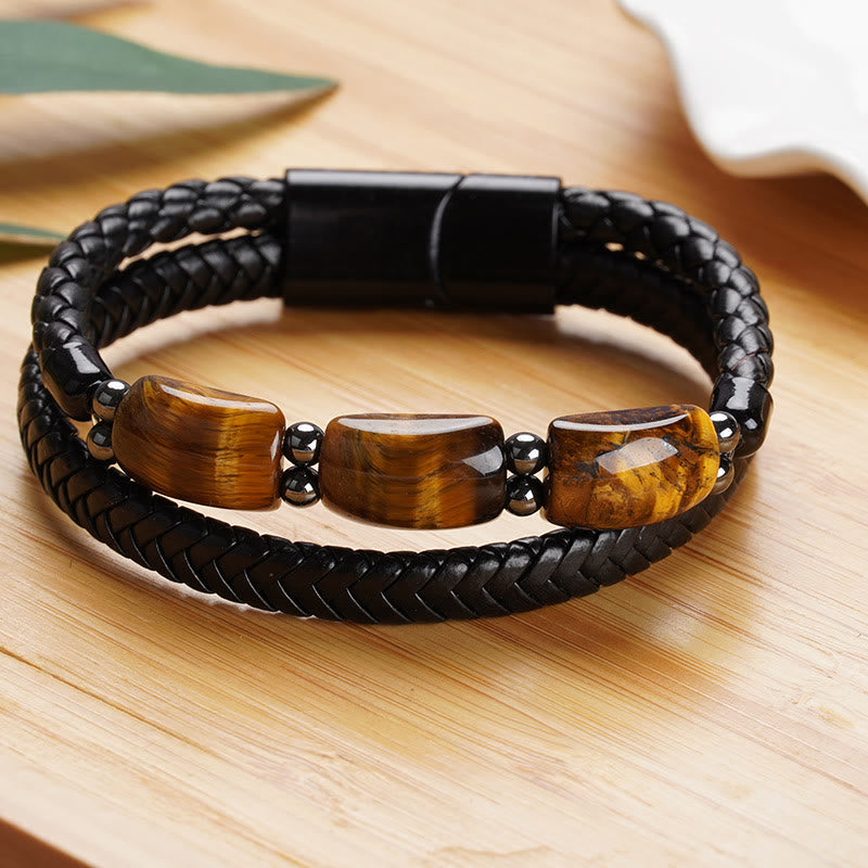 Natural Tiger Eye Protection Willpower Magnetic Buckle Leather Bracelet - Image 4