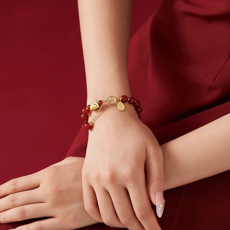 Year of the Dragon Dumpling Natural Red Agate Garnet Hetian Jade Fu Character Luck Success Bracelet - Image 8