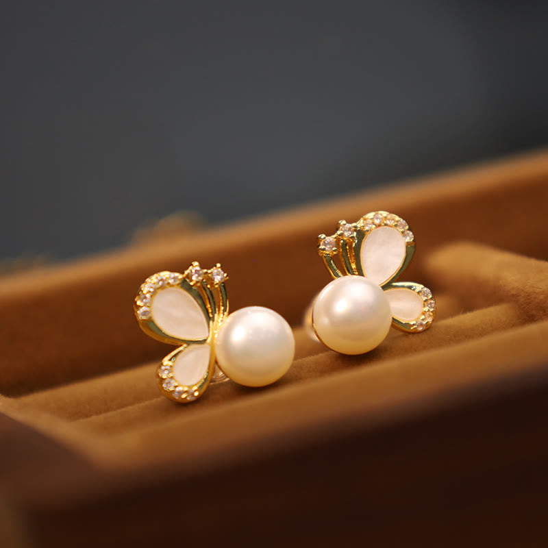 925 Sterling Silver Posts 18K Gold Plated Copper Natural Pearl Butterfly Zircon Healing Stud Earrings - Image 4