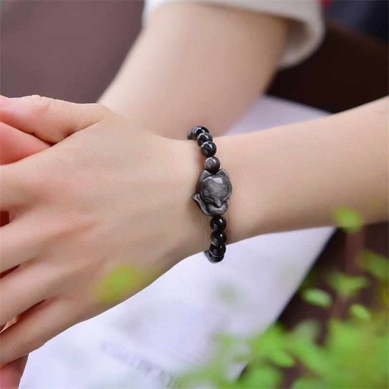Natural Silver Sheen Obsidian Fox Protection Bracelet - Image 3