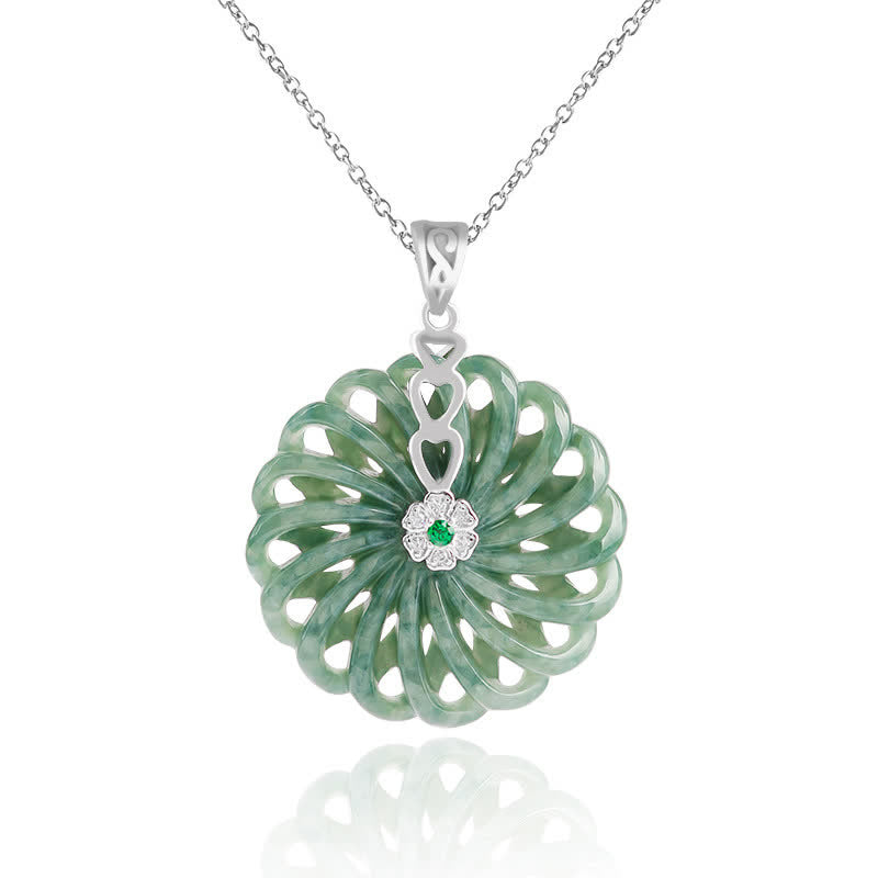 925 Sterling Silver Natural Round Jade Peace Buckle Abundance Necklace Pendant