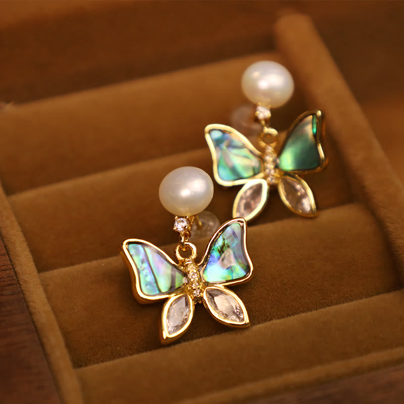 18K Gold Plated Copper Natural Shell Pearl Butterfly Sincerity Stud Earrings