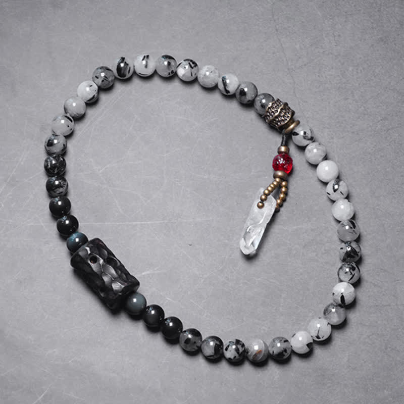 Black Rutilated Quartz Ebony Wood White Crystal Success Couple Bracelet - Image 8