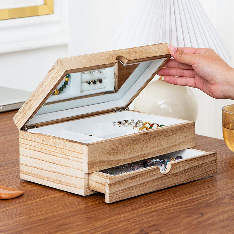 Retro Beige Wooden Jewelry Box Two-Layer Jewelry Storage Box With Mirror - Image 7