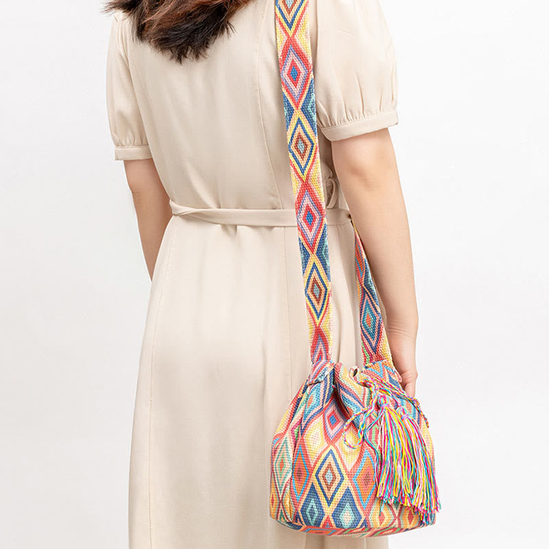 Colorful Geometry Flowers Print Canvas Bucket Crossbody Bag Shoulder Bag - Image 8