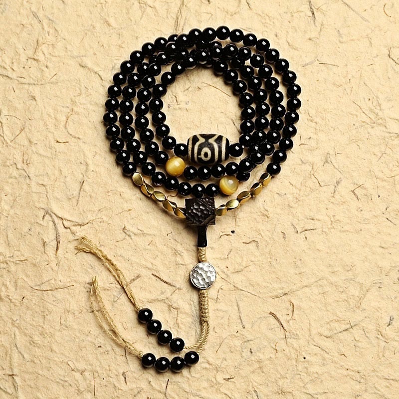 Tibetan 108 Mala Beads Black Onyx Three-eyed Dzi Beads Protection Bracelet - Image 13