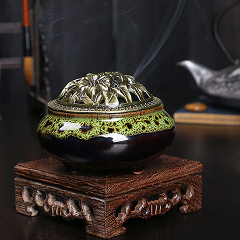 Flower Pattern Ceramic Blessing Meditation Incense Burner Decoration - Image 5