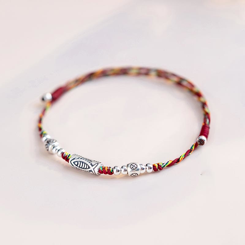 925 Sterling Silver Luck Koi Fish Braided Colorful String Bracelet Anklet - Image 3