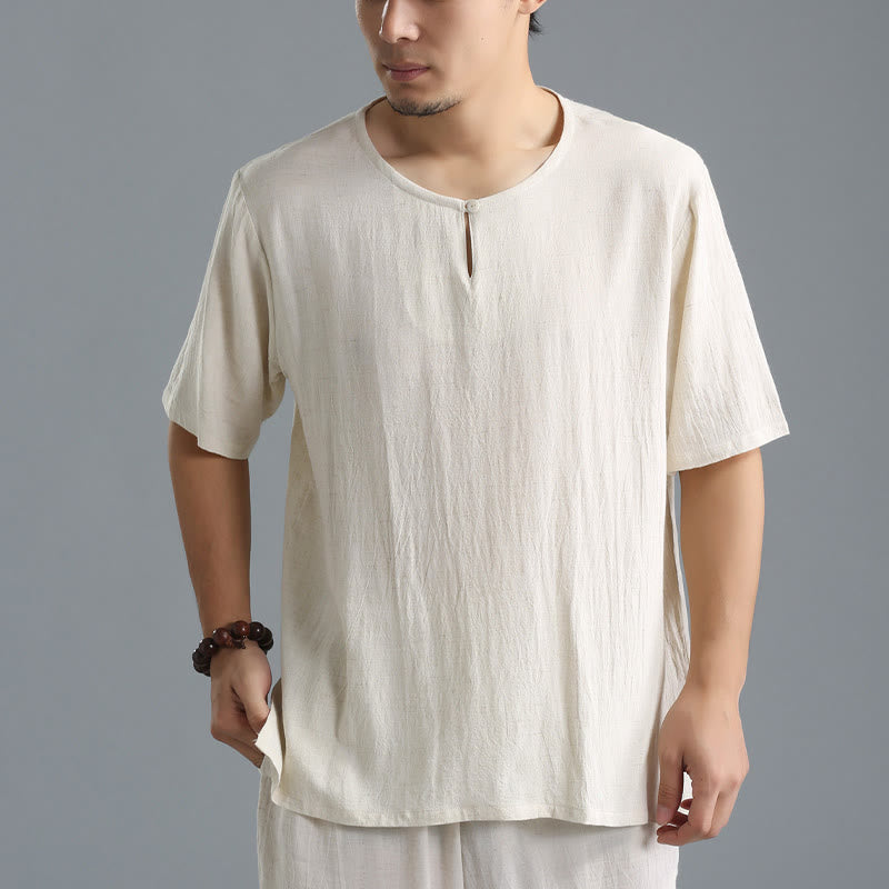 Men's Solid Color Round Neck Short Sleeve Cotton Linen Shirt - Image 12