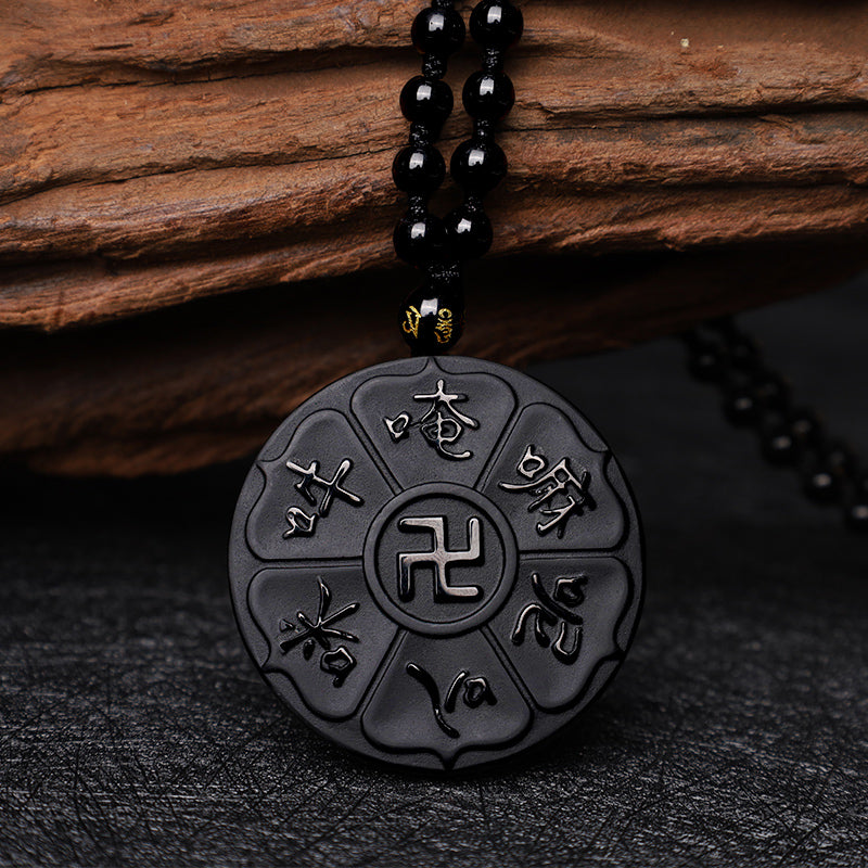 Natural Black Obsidian Tibetan Om Mani Padme Hum Buddha Swastika Luck Necklace Pendant - Image 5