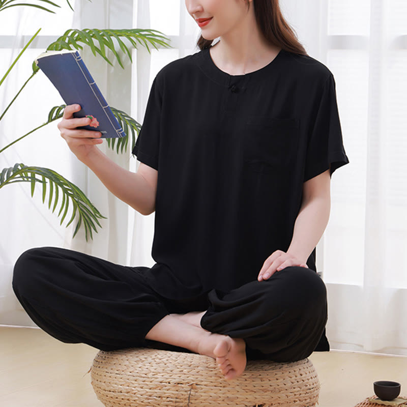 2Pcs Half Sleeve T-Shirt Pants Meditation Zen Tai Chi Cotton Linen Clothing Unisex Set - Image 16