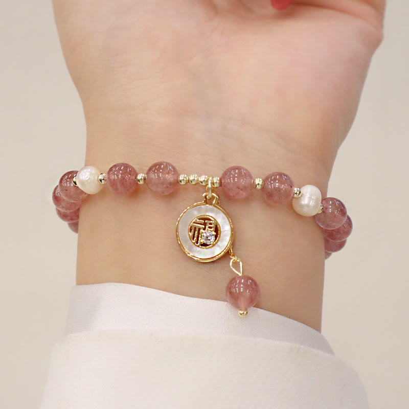 Strawberry Quartz Pearl Elk Smiley Face Fishtail Fu Character Charm Healing Bracelet - Image 11