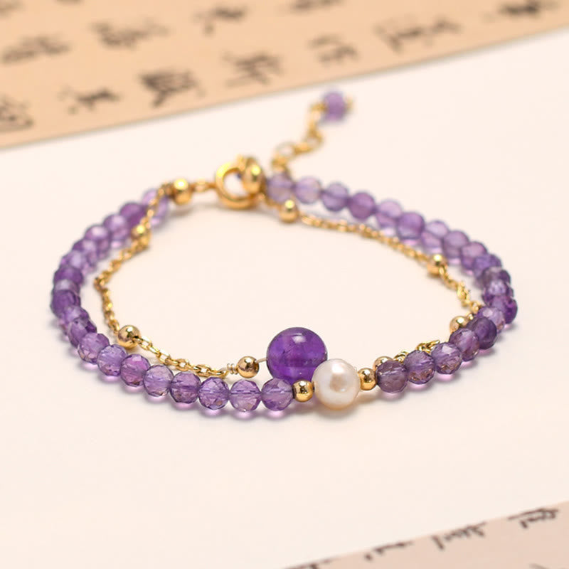 14K Gold Plated Amethyst Crystal Healing Double Layer Chain Bracelet - Image 3