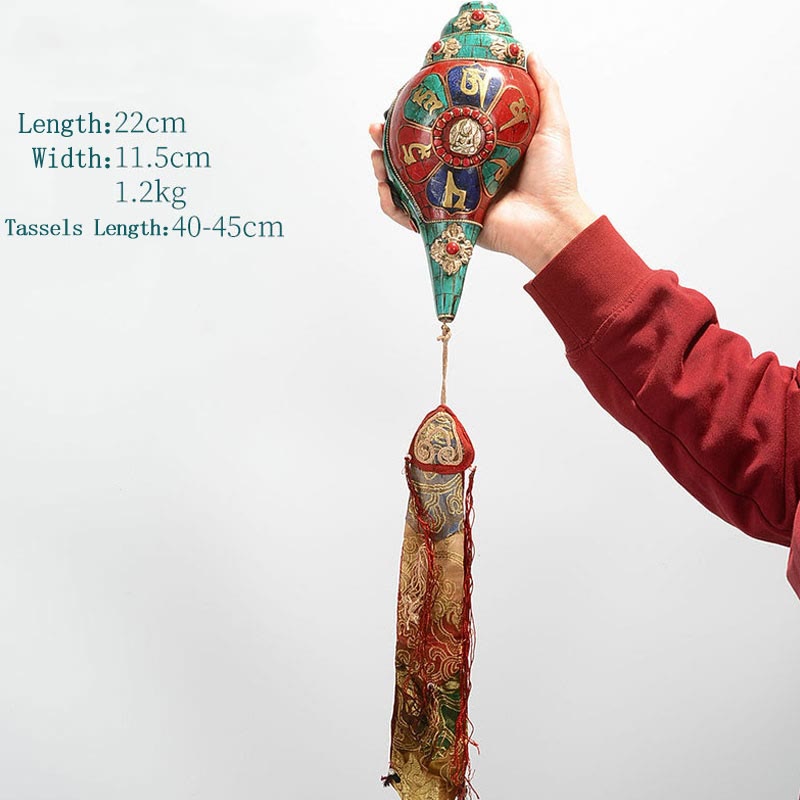 Tibetan Handmade Shankha Om Mani Padme Hum Buddha Avalokitesvara Turquoise Conch Shell Positive Decoration - Image 24