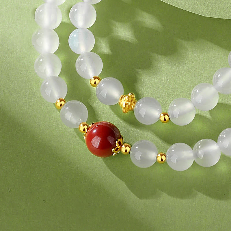 925 Sterling Silver Natural White Agate Cinnabar Double Wrap Protection Bracelet - Image 4