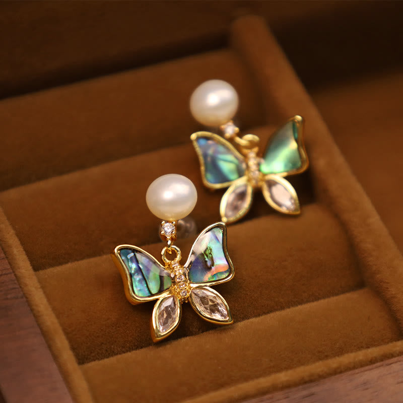 18K Gold Plated Copper Natural Shell Pearl Butterfly Sincerity Stud Earrings - Image 3