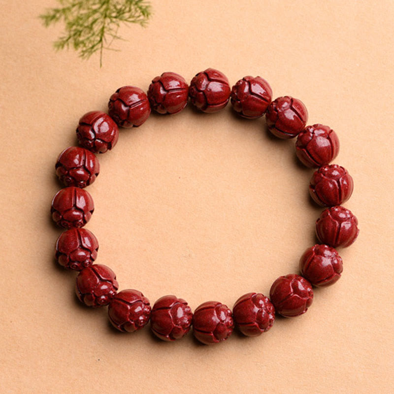 Natural Cinnabar Om Mani Padme Hum Fret Pattern Lotus Blessing Bracelet - Image 10