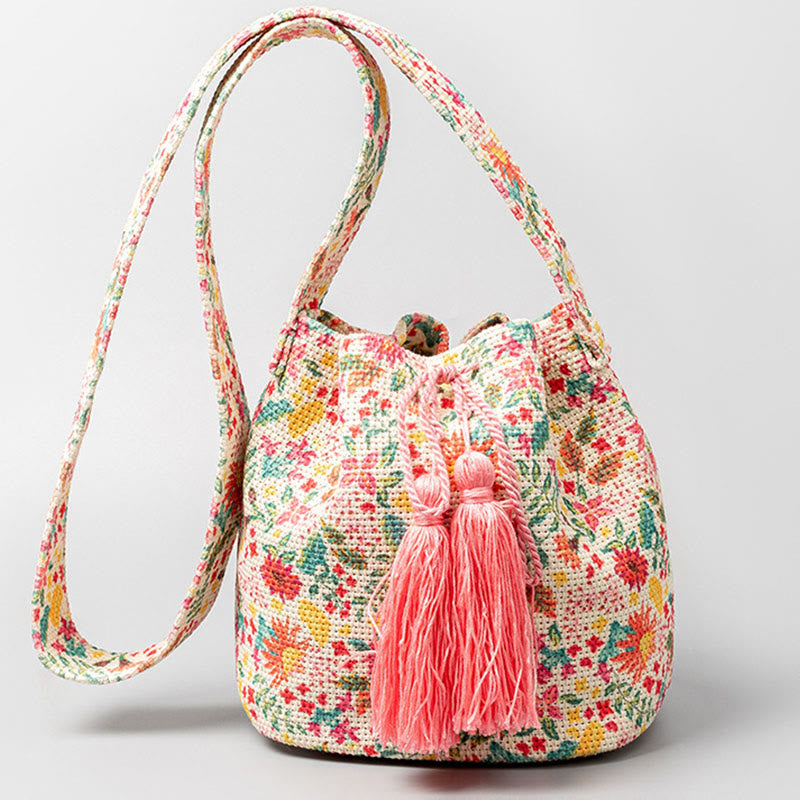 Colorful Geometry Flowers Print Canvas Bucket Crossbody Bag Shoulder Bag - Image 22