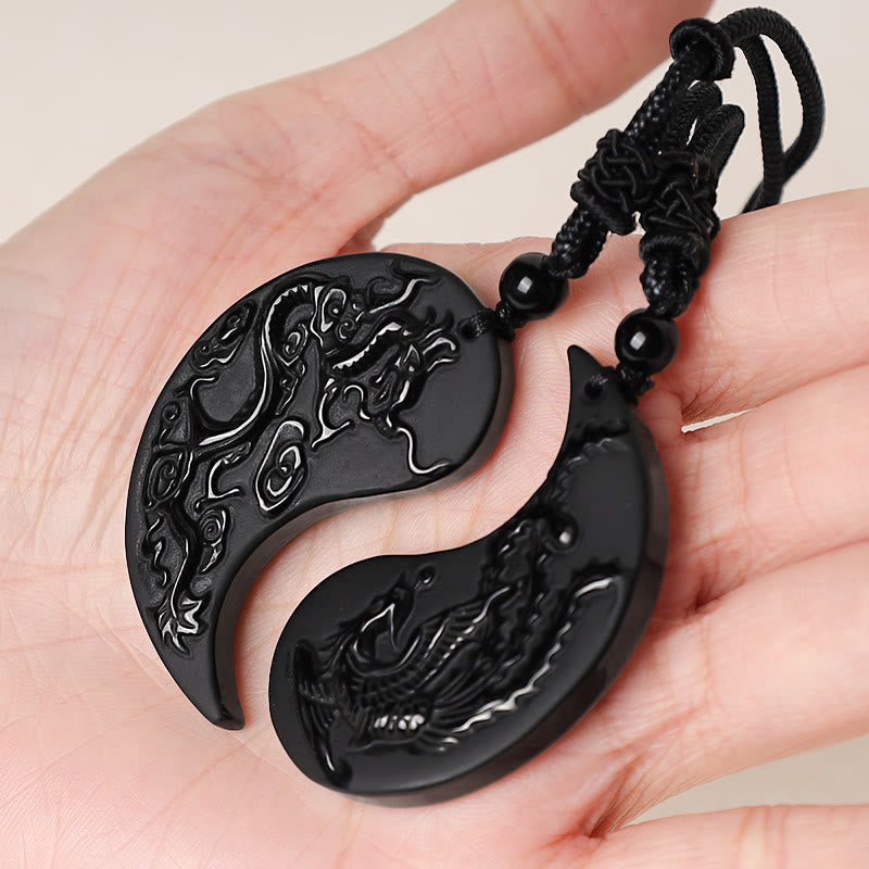 Black Obsidian Yin Yang Dragon Phoenix Luck Necklace Pendant - Image 4