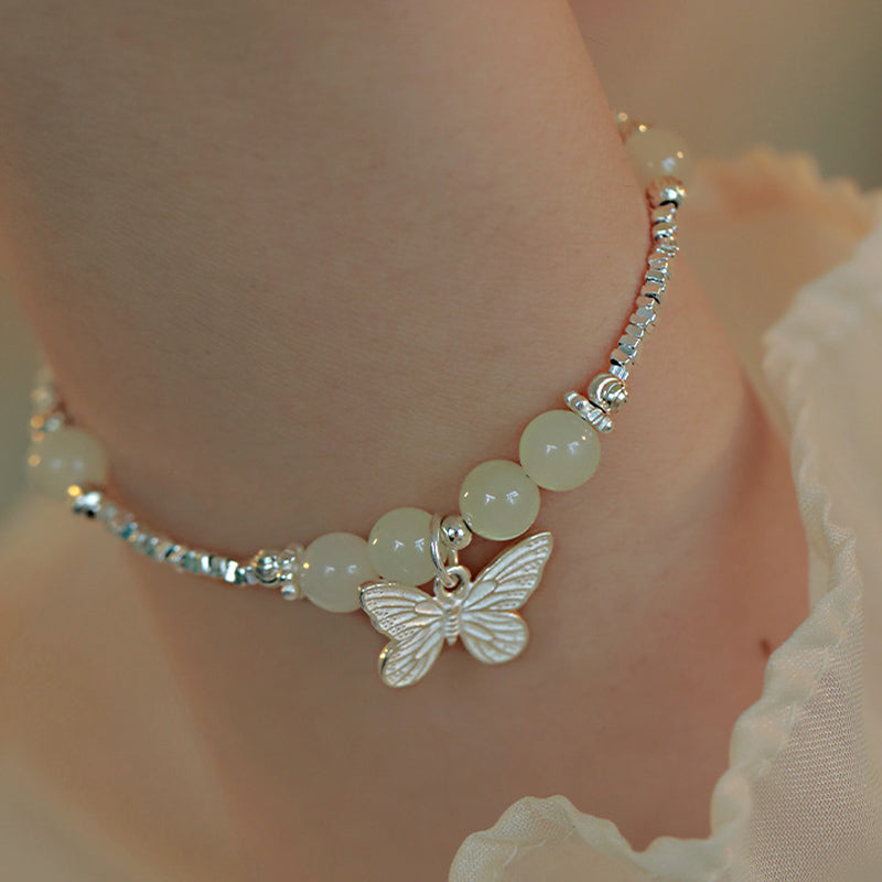 925 Sterling Silver Natural Hetian Jade Luck Butterfly Charm Bracelet - Image 4