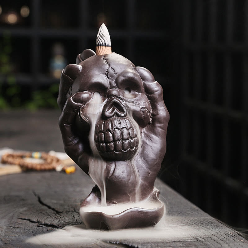 Halloween Skull With Ghost Hand Purple Clay Spiritual Incense Burner Decoration