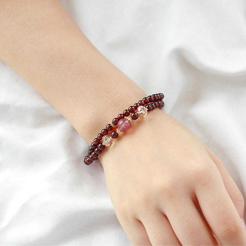 14K Gold Plated Natural Garnet Strawberry Quartz Stability Double Wrap Bracelet - Image 12