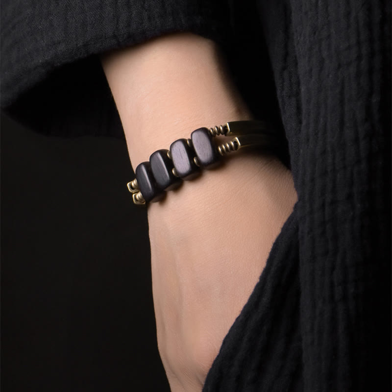 Tibetan Ebony Wood Brass Copper Balance Double Layer Bracelet - Image 5