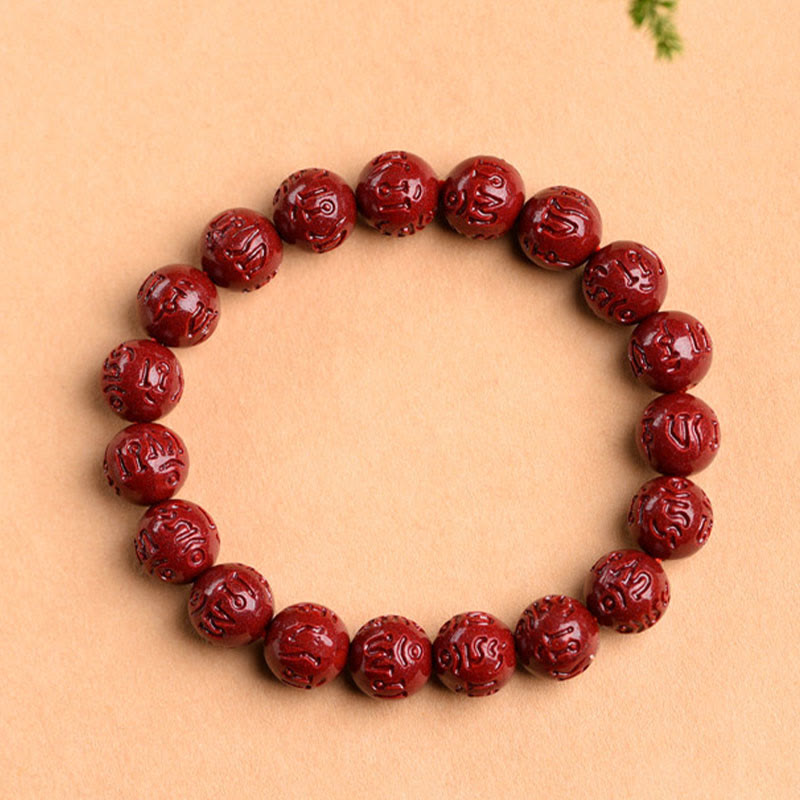 Natural Cinnabar Om Mani Padme Hum Fret Pattern Lotus Blessing Bracelet - Image 4