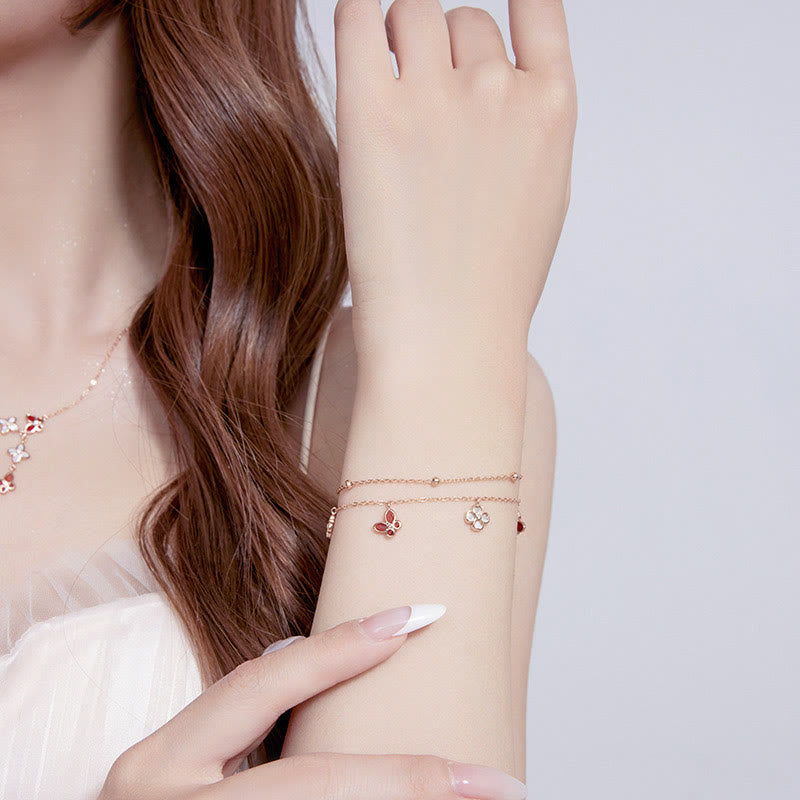 925 Sterling Silver Red Agate Tridacna Stone Butterfly Four Leaf Clover Calm Bracelet Necklace Pendant Set - Image 7