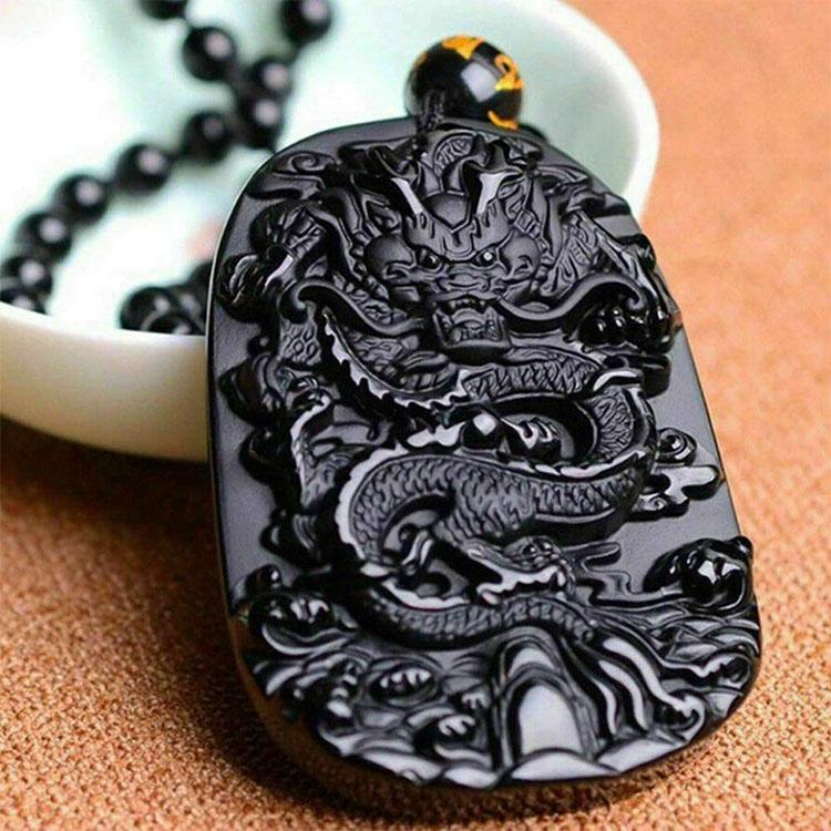 Natural Black Obsidian Dragon Protection Necklace