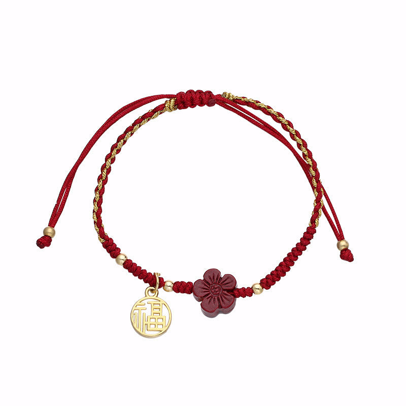 Cinnabar Flower Fu Character Blessing Braided String Bracelet - Image 9