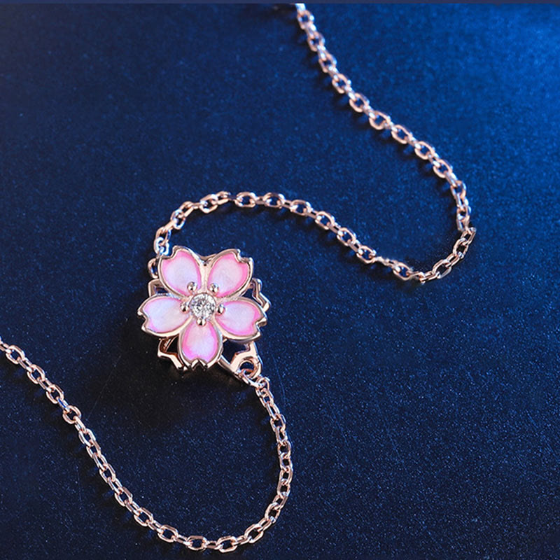 925 Sterling Silver Cherry Blossom Blessing Chain Bracelet Rotatable Ring - Image 9