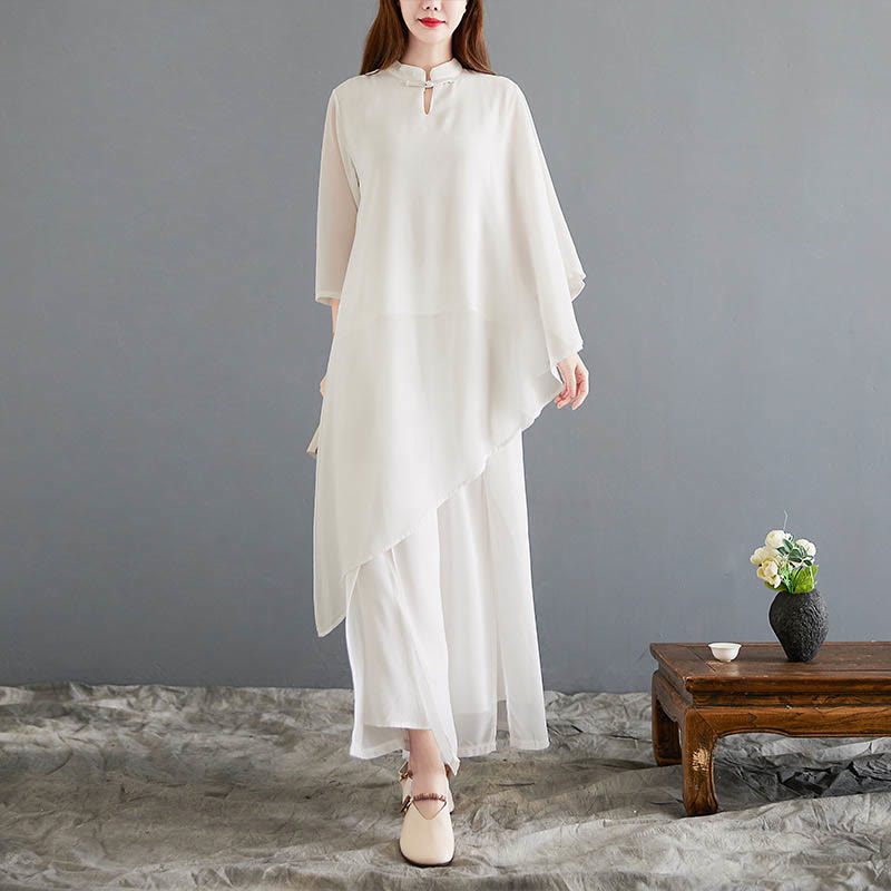 2Pcs Three Quarter Sleeve Irregular Design Shirt Wide Leg Pants Meditation Chiffon Women's Set - Image 3