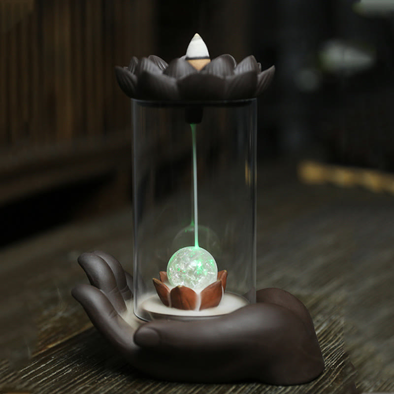 Buddha Hand Lotus Enlightenment LED Light Purple Clay Ceramic Incense Burner Decoration - Image 12