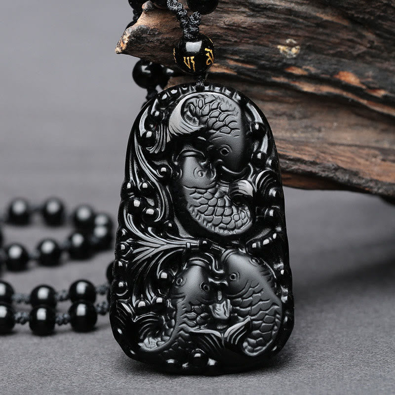 Black Obsidian Koi Fish Engraved Strength Beaded Necklace Pendant