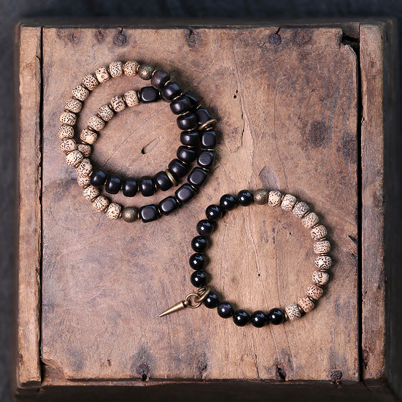 Tibetan Bodhi Seed Black Obsidian Ebony Wood Copper Peace Bracelet - Image 3