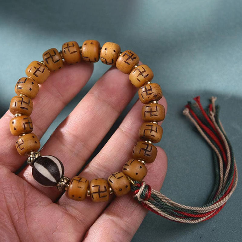 Natural Tibetan Camel Bone Swastika Dzi Bead Shankha Buddha Charm Kirtimukha Luck Protection Tassel Bracelet - Image 12