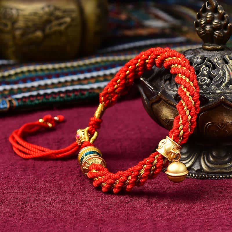 Tibetan Handmade Luck Protection Thangka Prayer Wheel Bell Charm Braid String Bracelet - Image 4