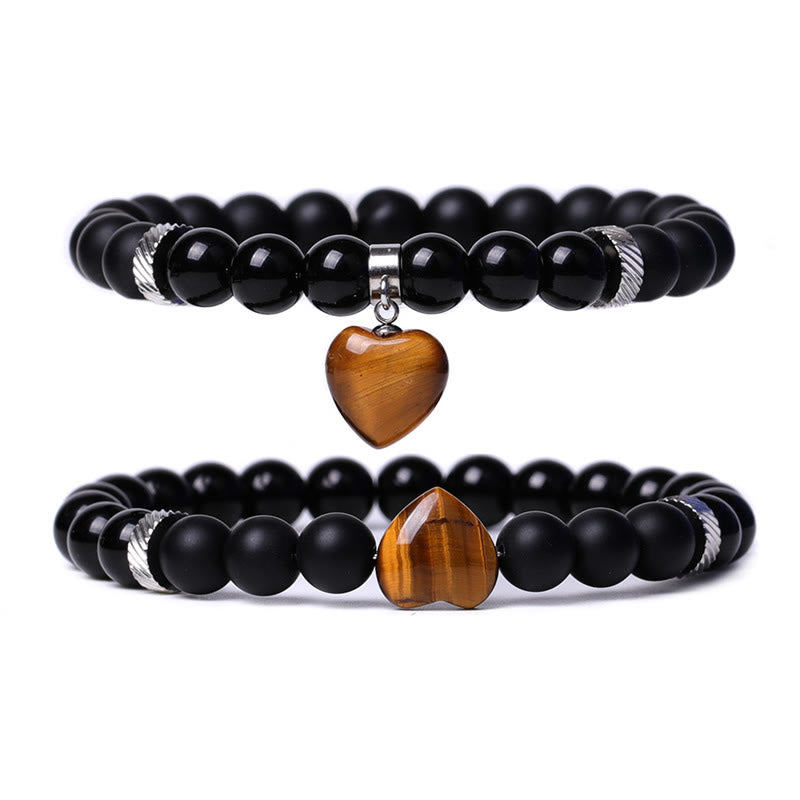 2Pcs Black Onyx Crystal Stone Love Heart Protection Support Couple Bracelet